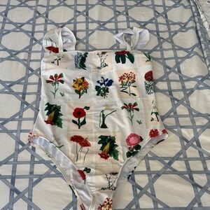 Floral Print One-Piece Swimsuit - Cream Base with Multicolor Flowers